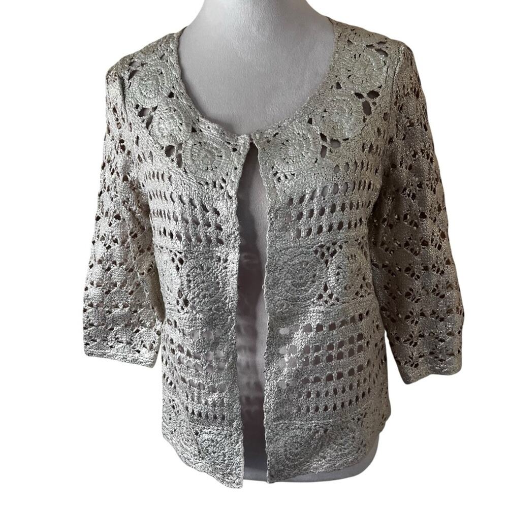 Chico’s Silver Metallic Crochet Cardigan Jacket Size 1 (M) | Y2K Ramie Cotton